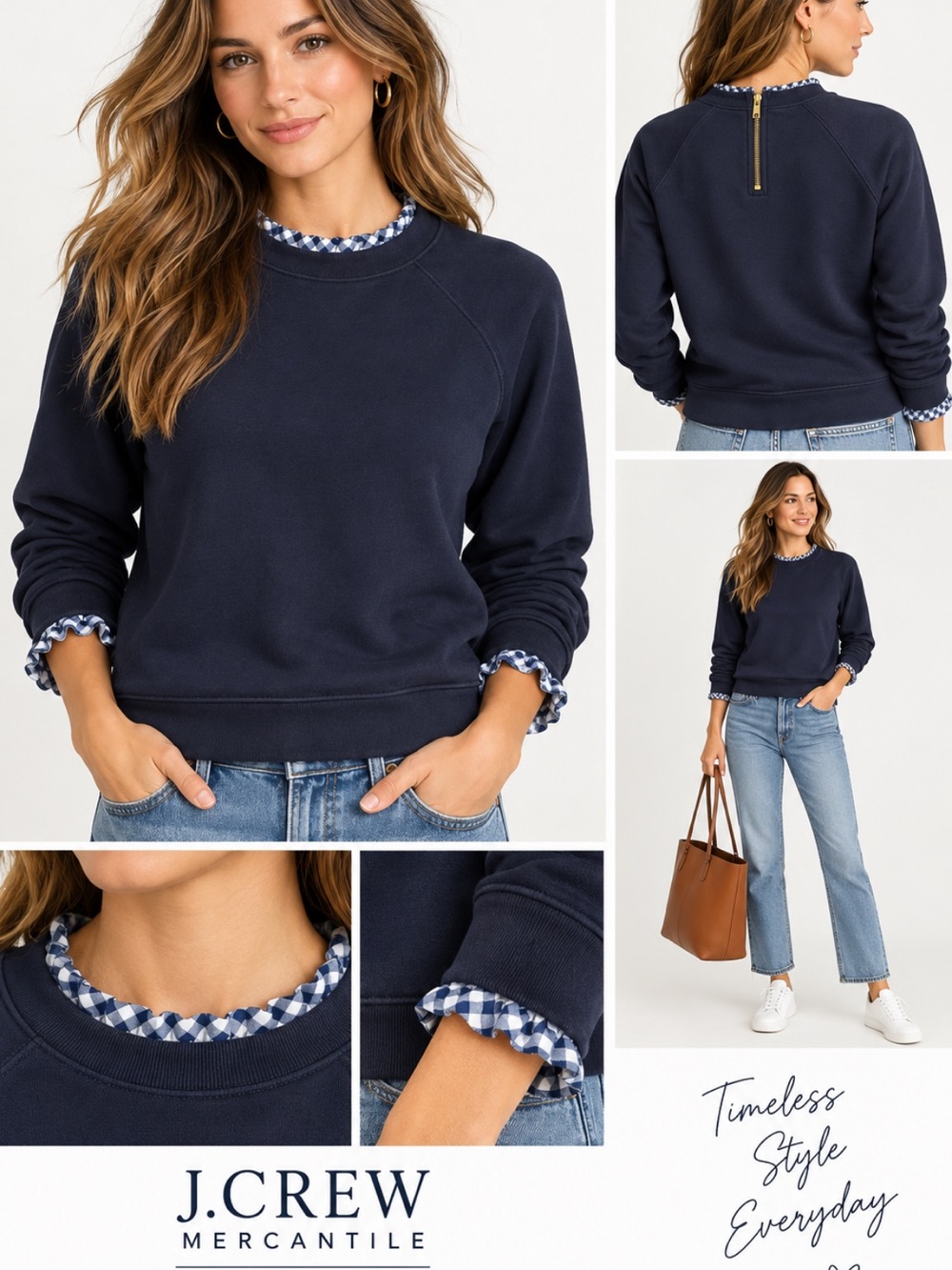 J.Crew Mercantile XS Navy Sweatshirt Gingham Trim Back Zip Preppy